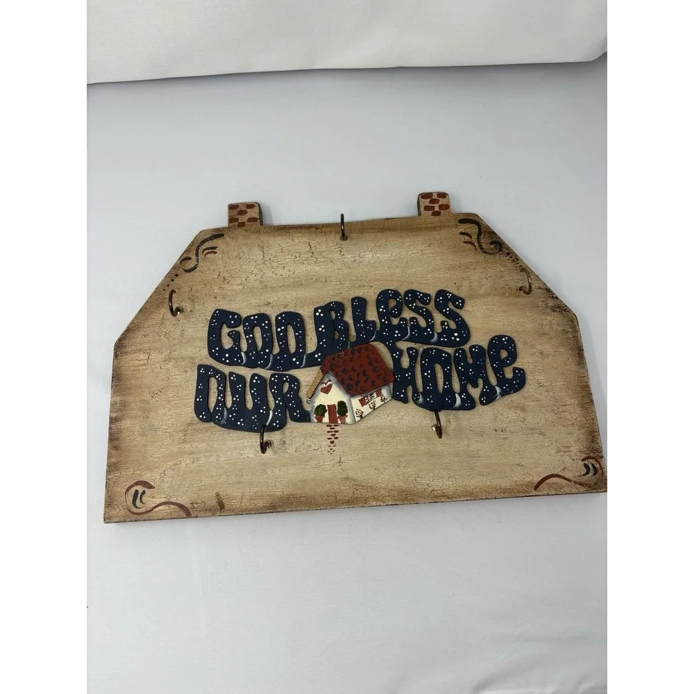 Vintage 90's Wooden Rustic God Bless Our Home Wall Decor Pegs Cottage Primitive